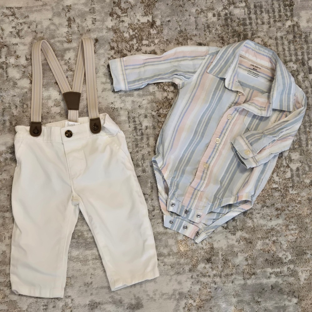 Carters Baby Boys 6M Striped Bodysuit Suspenders Pants Set Retro White Pastel